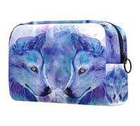 Beauty case da donna, con stampa ad acquerello, motivo: volti di lupi, da viaggio, grande, con cerniera, Multi, 18.5x7.5x13cm/7.3x3x5.1in, Beauty case