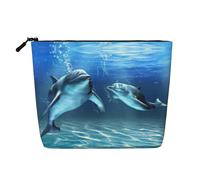 Beauty case da donna con stampa delfini nel mare, borsa per cosmetici portatile, borsa da toeletta, capiente organizer da viaggio per trucchi, Nero , Taglia unica