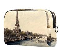 Beauty case da donna, con stampa della Torre di Parigi, con ponte della Francia, borsa da viaggio grande per trucchi, pratica borsa organizer con cerniera