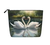 Beauty case da donna con stampa di cigni bianchi sul lago, borsa per il trucco a strato singolo da viaggio, con cerniera, nero, Taglia unica