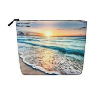 Beauty case da donna, con stampa di onde oceaniche, da spiaggia, tramonto e oceano, borsa per cosmetici portatile, capiente organizer da viaggio per trucchi, Nero , Taglia unica