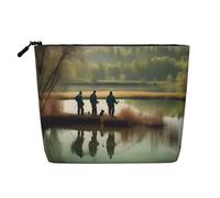 Beauty case da donna, con stampa di pescatori sul lago, borsa per cosmetici portatile, capiente organizer per trucchi da viaggio, Nero , Taglia unica