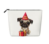 Beauty case da donna, con stampa di un cucciolo di carlino con scritta "Happy Birthday", trousse portatile per articoli da toeletta, organizer da viaggio capiente, Nero , Taglia unica