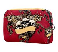 Beauty case da donna, con tre teschi con ali su grunge, per articoli da toeletta da viaggio, grande, con cerniera, Multi, 18.5x7.5x13cm/7.3x3x5.1in, Beauty case