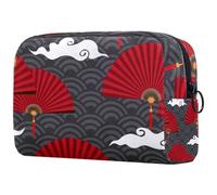 Beauty case da donna, con ventagli cinesi rossi su onde e nuvole, borsa da viaggio grande per trucchi, pratica borsa organizer con cerniera, Multi, 18.5x7.5x13cm/7.3x3x5.1in, Beauty case