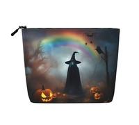 Beauty case da donna, in finto lino, con fantasma, cappello da strega, motivo arcobaleno, con stampa di ragni e fantasma, grande capacità, perfetta per i viaggi e l'uso quotidiano, Nero , Taglia unica