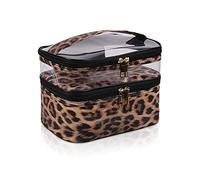 Beauty case da donna pieghevole a doppio strato con stampa leopardata impermeabile, portatile da viaggio essenziale per la conservazione di bellezza, compatta e resistente all'acqua