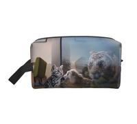 Beauty case da uomo con stampa animalier gatto e tigre riflessa, borsa per cosmetici, capiente, borsa da viaggio da donna, bianco, Taglia unica