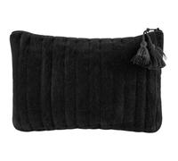 Beauty case da viaggio, 21,5 x 11,5 cm, design rettangolare con cerniera e nappe, poliestere vellutato, vison e nero, Nero , Classico