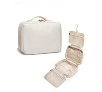 Beauty case da viaggio, 3 strati in pelle PU impermeabile, organizer da appendere per trucchi con cinghie elastiche, 27 x 9 x 19 cm, bianco, Da viaggio