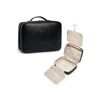 Beauty case da viaggio, 3 strati in pelle PU impermeabile, organizer da appendere per trucchi con cinghie elastiche, 27 x 9 x 19 cm, Nero , Da viaggio