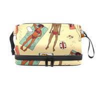 Beauty case da viaggio a doppio strato, con scritta "Rest on the Beach", per donne e ragazze, con scomparto per pennelli, Multi, 27x15x14 cm/10.6x5.9x5.5 in, Beauty case