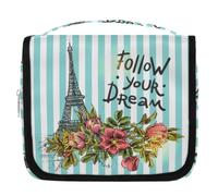 Beauty case da viaggio a righe con fiore Torre Eiffel per donne, uomini, bambini, ragazzi e ragazze, borsa da bagno da appendere per articoli da toeletta cosmetici organizer per trucchi, Colore, L,