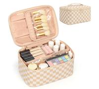 Beauty case da viaggio, borsa cosmetica portatile con organizer per pennelli da trucco, grande capacità, borsa da toilette essenziale per le vacanze, per donne, cachi