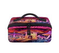 Beauty case da viaggio colorato con foresta di funghi magici, portatile, impermeabile, aperto, piatto, articoli da toeletta, cosmetici, organizer da viaggio per donne e uomini