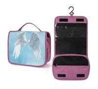 Beauty case da viaggio con ali d'angelo bianche su sfondo blu pallido, organizer da appendere per trucchi con gancio per shampoo