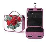 Beauty case da viaggio con bouquet di rose rosse ed eucalipto, da donna, organizer da appendere con gancio per shampoo