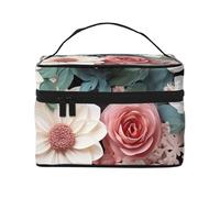 Beauty case da viaggio con cane seduto sull'erba, da donna, impermeabile, pieghevole, idea regalo per insegnanti, Fiori Con Foglie Rosa E Verde, Taglia unica