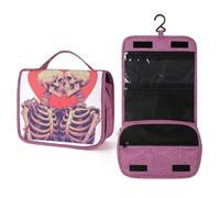 Beauty case da viaggio con coppia di scheletri e cuore, da donna, organizer da appendere per trucchi con gancio per shampoo