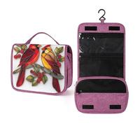 Beauty case da viaggio con due uccelli rossi su un ramo con bacche rosse, da donna, organizer da appendere per trucchi con gancio per shampoo