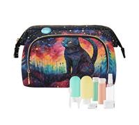 Beauty case da viaggio con gatto nero nella foresta colorata sotto il cielo stellato borse cosmetiche di grande capacità per le donne, Multicolore, Taglia unica, casual