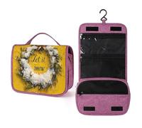 Beauty case da viaggio con ghirlanda di rami di pino Let It Snow on Yellow da donna, organizer per trucchi da appendere con gancio per shampoo