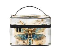 Beauty case da viaggio con libellula dorata e delicata su sfondo giallo. Borsa cosmetica da donna alla moda, grande organizer da viaggio
