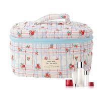 Beauty case da viaggio con motivo floreale, in cotone trapuntato, organizer per cosmetici e viaggi, da donna, motivo floreale, 1 pezzo, a quadri blu, Refer to description, Unisex