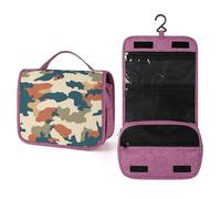 Beauty case da viaggio con motivo mimetico blu e marrone, organizer da appendere con gancio per shampoo