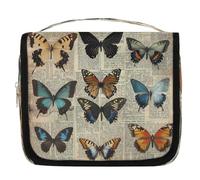 Beauty case da viaggio con motivo vintage con farfalle e giornali, con gancio per appenderlo, organizer per trucchi impermeabile da appendere, borsa cosmetica portatile per donne e uomini, accessori