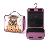 Beauty case da viaggio con mucca delle Highland seduto su una grande zucca arancione, organizer per trucchi da appendere con gancio per shampoo