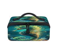 Beauty case da viaggio con oceani 3D e cavalluccio marino portatile, impermeabile, aperto e piatto, per articoli da toeletta e cosmetici, organizer da viaggio per donne e uomini