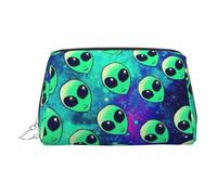 Beauty case da viaggio con scomparti, borsa da toilette portatile da donna con alieni verdi, Argento, One Size