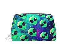 Beauty case da viaggio con scomparti con alieni verdi, borsa da toilette portatile per donne, Argento, One Size