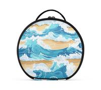 Beauty case da viaggio con scomparti e maniglia, con motivo a onde sulla spiaggia, colore: blu, da appendere, con divisori regolabili, 27,9 cm