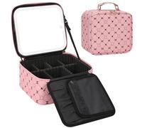 Beauty case da viaggio con specchio a LED, organizer compatto per cosmetici con scomparto per pennelli, 3 colori a luminosità regolabile, divisori regolabili, custodia per trucchi - fiocco rosa