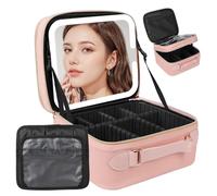 Beauty case da viaggio con specchio LED a doppio strato, specchio cosmetico rimovibile con luci, dimmerabile a tre luci, custodia per trucco con divisori regolabili e porta pennelli, organizer per