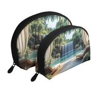 Beauty case da viaggio con stampa a cascata e piscina nel cortile 2 pezzi portatile Shell Travel Toiletry Bag, bianco, Taglia unica