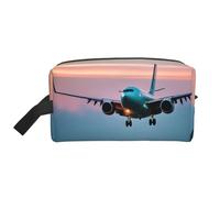 Beauty case da viaggio con stampa di aeroplano nelle luci della sera, borsa da viaggio da donna, borsa cosmetica spaziosa da uomo, bianco, Taglia unica