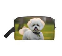 Beauty case da viaggio con stampa di cane Bichon Frise sull'erba, borsa da viaggio da donna, borsa cosmetica spaziosa per uomini, bianco, Taglia unica