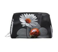 Beauty case da viaggio con stampa di coccinelle e margherite, custodia portatile con tre scomparti interni per accessori, Argento, One Size
