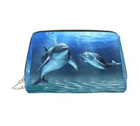 Beauty case da viaggio con stampa di delfini nel mare, custodia portatile con tre scomparti interni per accessori, Oro, One Size