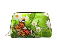 Beauty case da viaggio con stampa di farfalle su margherite, custodia portatile con tre scomparti interni per accessori, Oro, One Size