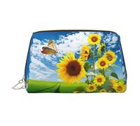Beauty case da viaggio con stampa di girasole e farfalle, custodia portatile con tre scomparti interni per accessori, Oro, One Size