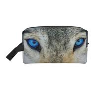 Beauty case da viaggio con stampa di lupo con occhi blu, borsa per il trucco da appendere, grande capacità, organizer versatile per donne e uomini