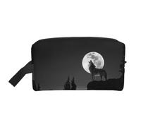 Beauty case da viaggio con stampa di lupo e luna notturna, borsa per il trucco da appendere, grande capacità, organizer versatile per donne e uomini