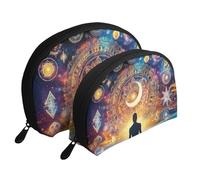 Beauty case da viaggio con stampa di meditazione spirituale sui simboli cosmici in 2 pezzi, bianco, Taglia unica