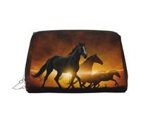 Beauty case da viaggio con stampa di nuvole rosse e cavalli neri, custodia portatile con tre scomparti interni per accessori, Argento, One Size