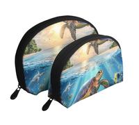 Beauty case da viaggio con stampa di tartarughe che nuotano nel mare, 2 pezzi, portatile, da viaggio, bianco, Taglia unica