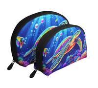 Beauty case da viaggio con stampa di tartarughe e barriere coralline che si illuminano al buio, 2 pezzi, bianco, Taglia unica